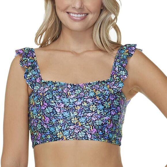 Raisins Blue Floral Ruffle Porta Del Sol Margarita Bikini Top Size Large - Picture 1 of 8